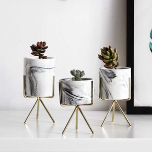 Nordic Ceramic Iron Art Vase Marble Pattern Golden Minimalism Design Tabletop Flower Pot Home Vases Decorative Office Room 210623