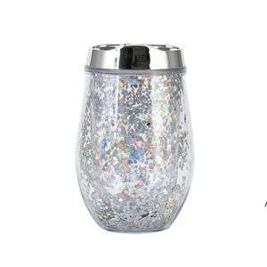 new 10oz Glitter Wine Tumbler Double Wall Plastic Glass Mugs Straw Egg Ice Cold Drink Coffee Juice Tea Cup sea ship EWE7723