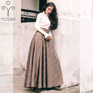Yosimiの女性のツーピースセットフルスリーブプルオーバーブラウス+ウールの格子縞のスカートスーツ2ピース衣装ビンテージロングドレス210604