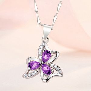 Clover Butterfly Purple Crystal Zircon Diamond Gemstones Pendant Necklaces for Women White Gold Silver Color Choker Jewelry Gift