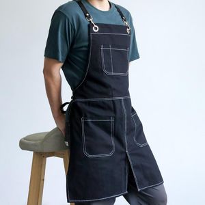 エプロンソリッドデニムカフェショップハウスクリーニングビブズメンズキャンバスマスターエプロンキッチンアクセサリークッキングベーキングポケットコーヒー