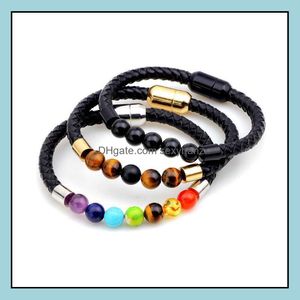 Venta de pulseras, pulsera de cuero de siete Chakras, aleación de Yoga, energía de roca de lava, 12 unids/lote, cuentas, hebras, entrega directa 2021 Blc94