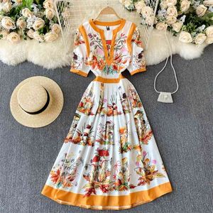 Vår sommar fläkt mode rund hals tryck kortärmad klänning kvinnor elegant tunna kläder Vestidos R124 210527