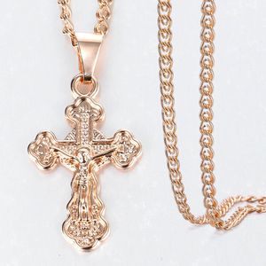 Pendant Necklaces 585 Rose Gold Cross Crucifix Clear Crystal for Men Women Prayer Jesus Necklace Chain 50cm Fashion Jewelry