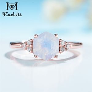 Kuololit 585 Rose Gold Nautral Rainbow Moonstone Gemstone Pierścienie dla kobiet 925 Silver Silver Damska Ring Trend 220216