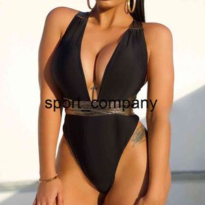 Badeanzug Sexy Rückenfrei Damen Monokini Strand Badeanzüge High Cut Bademode 2021 Schwarz Tiefer V-Ausschnitt Neckholder Einteiler