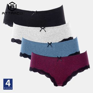Atraco Mulheres Originais Underwear Pantie Hipster 4 Pcs Algodão Soft Strech Comfort Solid Sonitas Laço Laço Mid-Cintura 210720