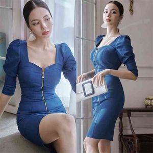Осеннее офисное платье Корея дамы половина рукава квадратная шея синяя сексуальная вечеринка на молнии bodycon платья для женщин одежда 210602