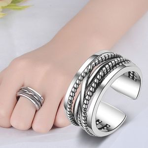 Forntida Silver Braid Multi Layer Ring Band Öppna Justerbara Crossover Wide Ringar Chunky Stackbara Män Kvinnor Flickor Mode Smycken Kommer och Sandy