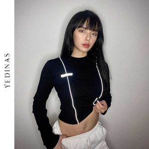 Yedinas Kvinnor Sexig Bodycon T Shirt Kvinna Långärmad O-Neck Crop Top Reflekterande Stripe Tshirt Kort Koreansk stil Tee 210527