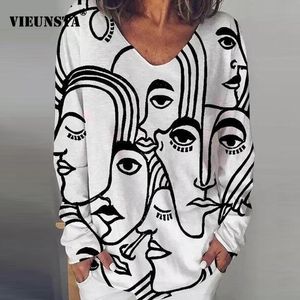 Womens Shirts Abstract Print V Neck Blouse Shirt Women 2021 Autumn Long Sleeve Loose Tops Pullover Casual Streetwear Plus Size Blusas