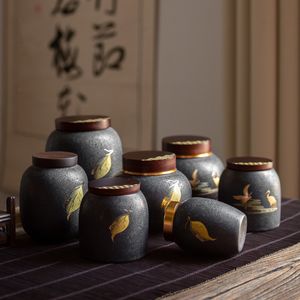 Japanese Ceramic Retro Caddies with Wood Lid Porcelain Tea Canister Sealed Spice Jar Candy Storage Tank Food Container