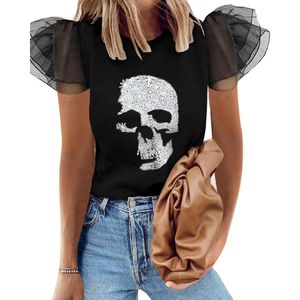 T-shirt nera con stampa teschio T-shirt casual da donna con design patchwork O-collo Vedere attraverso la maglia di pizzo Manicotto a sbuffo Pullover estivo Tee Top Donna 210526