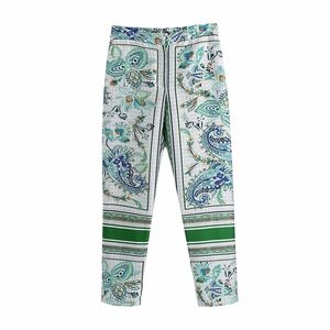 Puwd Vinatge Kvinna Grön Loose Print Pants Spring Fashion LadiesZipper Kvinna Chic Beach 211115