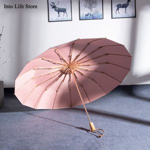 Guarda-chuva de praia 16 osso três dobráveis ​​grandes guarda-chuvas chuva mulheres rosa 16k parasols uv sol presente idéias upf50 +