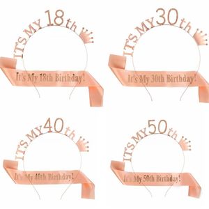 Party Decoration Happy Birthday Rose Gold 16 18 21 30 40 50 60 70 80 Girl Sash Headband Supplies Gift Accessories