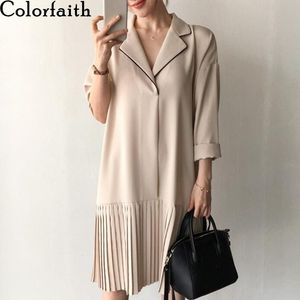 Colorfaith novo 2021 primavera verão camisa camisa vestidos vintage patchwork elegante elegante tamanho grande vestido midi dr1406 210306