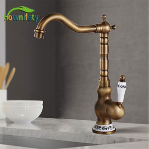 Antique Brass Kitchen Faucet & Cold Mixer Tap Single Hole Bathroom Faucet Rotatable crane Blue and white porcelain handle 211108