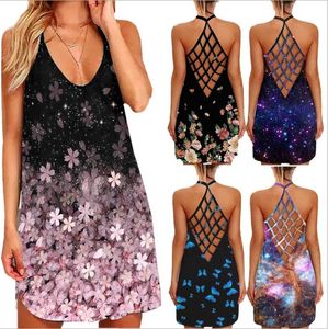 Kvinnor Klänningar Sexig Lös Mini Halter Klänning Butterfly Floral Starry Sky Printed Ärmlös Backless Beachwear