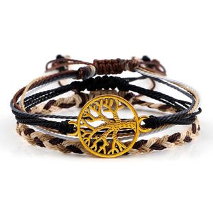 3pcs / set Tree of Life Yoga Armband Handgjorda Svart Kaffe Vaxtråd Vävnad Armband För Kvinnor Män String Bangles Bohemian Gift G1026