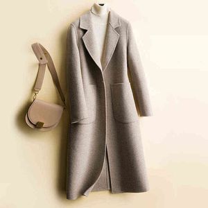 100% de lã outono inverno feminino sobretudo de alta qualidade bolso outerwear outono cor sólida casaco de casaco de casaco para mulheres 211118