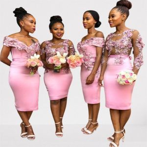 Kılıf diz -uzunlukta pembe kapalı omuz nedime elbisesi 3D çiçek dantel aplike Afrika genç hizmetçisi onurlu düğün konuk partisi si363l