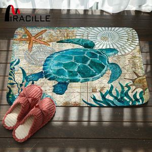 Miracille Marine-Stil Fußmatte Bodenteppich für Wohnzimmer Meeresschildkröte Muster Korallenvlies Teppich Anti-Rutsch-Fußmatte Home Decor 210727