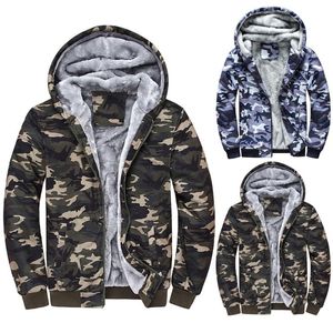 Herrkamouflage hoodie vinter varm fleece dragkedja tröja jacka utkläder rockar huva rockar plus storlek