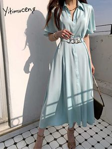 Yitimuceng Long Dresses for Women Summer Button Up Korean Fashion Evening Elegant Midi Dress Simple Office Lady with Belt 210601