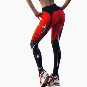 Pantaloni sportivi con patchwork nero rosso con stampa a cuore sexy Fitness stampato da donna 211221