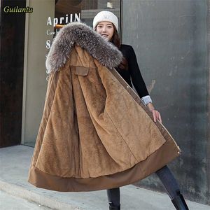 Guilantu Winter Long Coat Kobiety Plus Size Casual Hooded Fur Collar Parka Mujer Faux Wełna Liner Cotton Padded Jacket Womens 211216