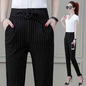 Summer Office Pants Women Black Stiped Capris med Pocket Womens Pants Loose For Business Work Slim Trousers Kvinna S-XXL