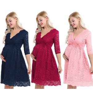 Elegantes Damen-Umstandskleid mit Blumen-Spitze-Overlay, V-Ausschnitt, halbe Ärmel, knielang, schwangeres Fotografie-Kleid für formelle Abendpartys