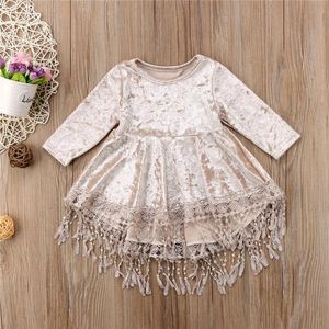 Girl's Dresses Baby Girl Vintage Princess Dress Kids Velvet Lace Tassel Patchwork Casual Long Sleeve Asymmetrical Vestidos