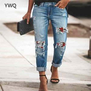 Mulheres Patchwork Lápis Calças Cintura Alta Boyfriend Jeans Streetwear Vintage Afligido Furo Mãe Casual Denim Calças 210809