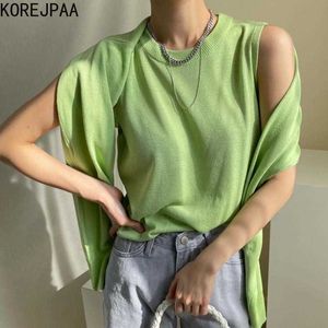 Korejpaa Women Sets Summer Korean All-Match Round Neck Pullover Casual Loose Vest Simple Outer Shawl Sweater Two-Piece Suit 210526