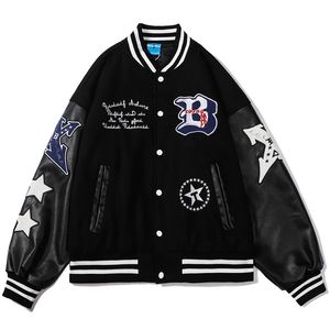 Hip Hop Kurtka Baseballowa Płaszcz Mężczyźni Litera B Haft Skórzany Rękaw Sleeve Varsity Bombery Biker Punk Vintage Fashion College College Kurtka 211103