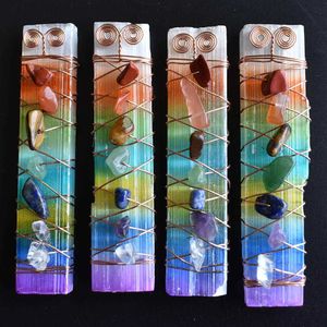 7 Chakra Healing Crystals Stones Pärlor Wire Wrapped Raw Selenite Stick Wand för yoga Meditation, Andlig, Reiki Balansering 4PCS G0927