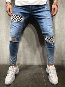 Mens Jeans Spliced Ripped Denim Pants Pencil Hole Slim Patch Pants Plaid Pants Elastic Waistline