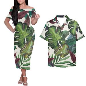 Dorywczo Suknie Hycool Hawajski Liść Print Off Ramię Work Office Midi Sukienka Kobiety Lato Niestandardowa Para Polinezyjska Odzież