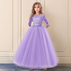 Flickor Bröllop Tulle Lace Girl Dress Infantil Fancy Autumn Princess Events Kostym Kids Party Ceremony Barnkläder Rosa 14y 210303