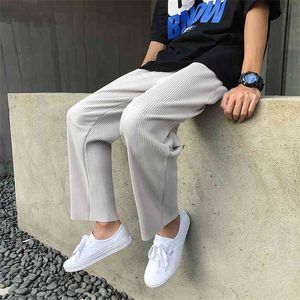 Calças retas plissadas Moda Masculina Cor Sólida Cintura Elástica Casual Homens Streetwear Solto Japonês Calças Mens 210715