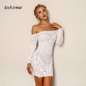 Joyfunear Sexig Sequined Short Dress Kvinnor Elegant Vit Av Skulderklubbar Party Vestidos Långärmad Mini Klänningar Y19051102