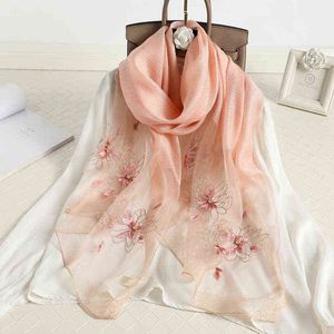 2022 Floral Embroidery Silk Wool Scarf Luxury Women Hijab Female Foulard Pashmina Long Beach Stoles Shawl Wrap Scarves Bandana Y220228