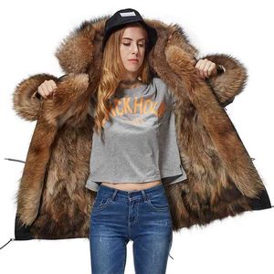 Vinterjacka Kvinnor Long Parka Tjock Varm Streetwear Parkas Real Fur Coat Natural Raccoon Fur Collar Hood 210910