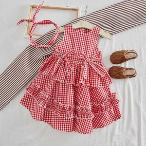 2020 neue Sommer Mädchen Kleid Plaid Casual Ärmellose Party Prinzessin Kleid + Stirnbänder Nette kinder Baby Kinder Mädchen Kleidung q0716