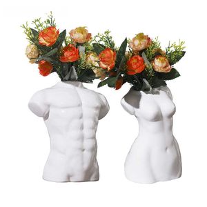 セラミックスボディ抽象アートフラワー花瓶ヌード男性女性彫刻花花瓶ホビー男女性花瓶植栽機械家の装飾210615