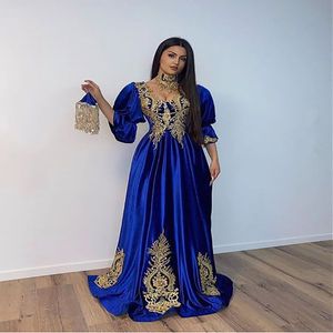 Vacker kunglig blå karakou abaya kvällsklänning med långärmad elegant v nacke muslimska kaftan arabiska prom klänning robe de mariée vestidos noche formella slitstarka