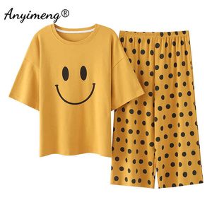 Krótki rękaw Capris Homesuit HomeClothes Soft Printing Crew Neck Piżamy Zestaw 100% Bawełna Kobieta Pijamas Zestaw na lato 210622