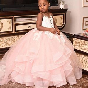 2021 Blush Pink Ball Gown Flower Girl Dresses For Weddings Sheer Neck White Lace Appliques Tulle Ruffles Tiered Girls Pageant Dress Kids Communion Gowns